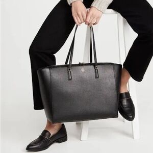 Tory Burch Black Leather Tote with Gold Details